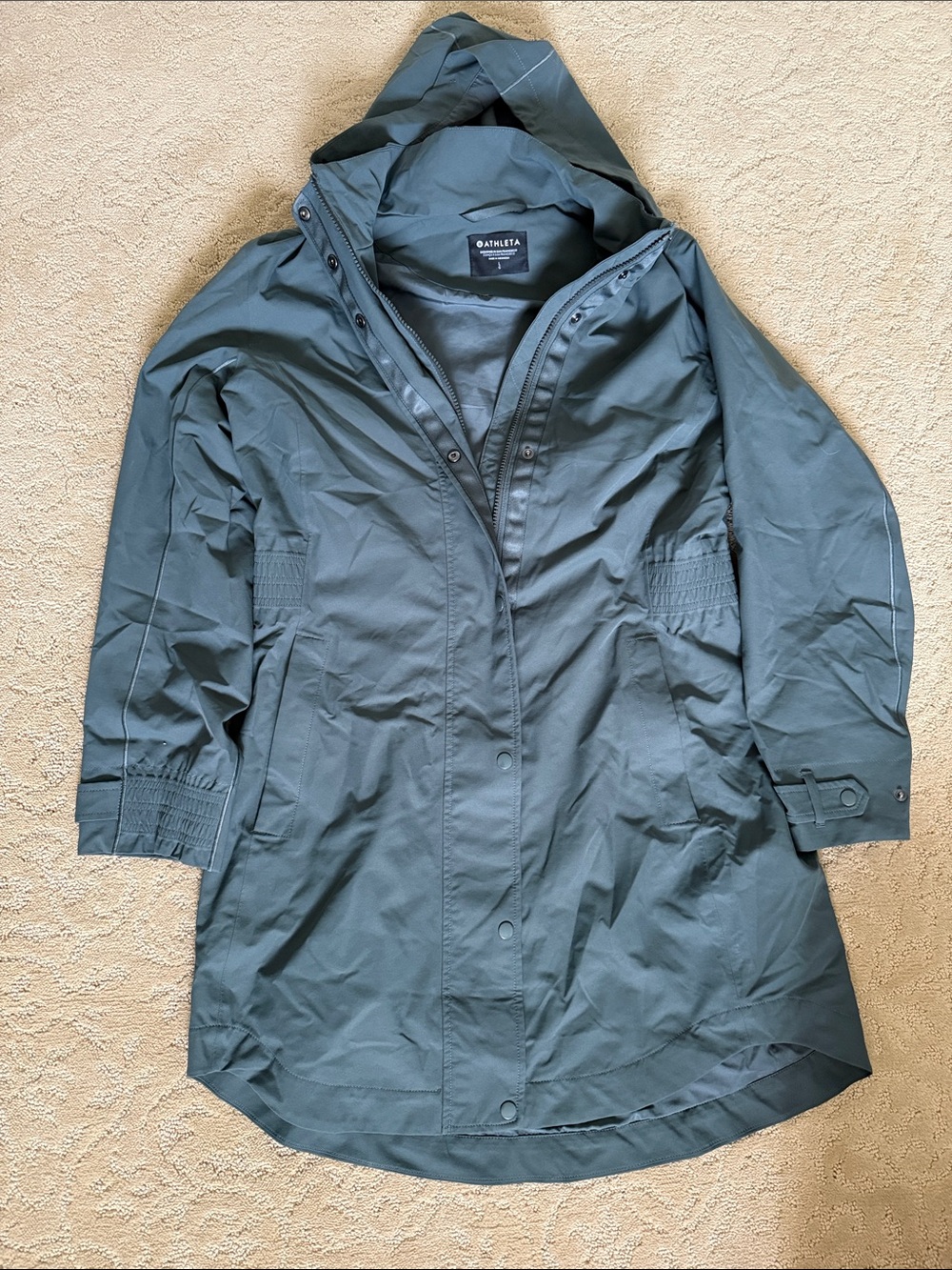 Athleta Hooded Trench Coat in Slate Blue-Green